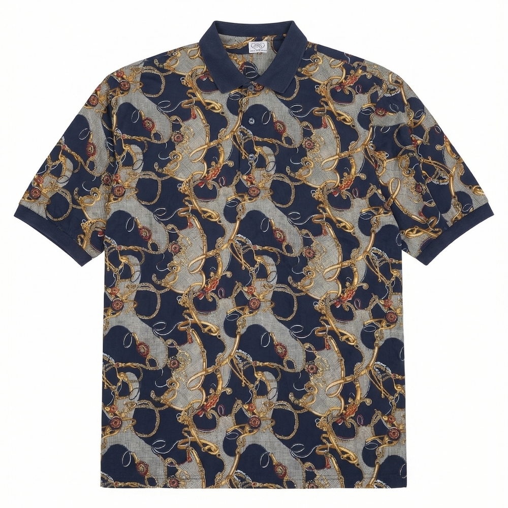 Michael Thomas Men's Navy Chain Print Polo Shirt 3 Buttons Y2K Streetwear